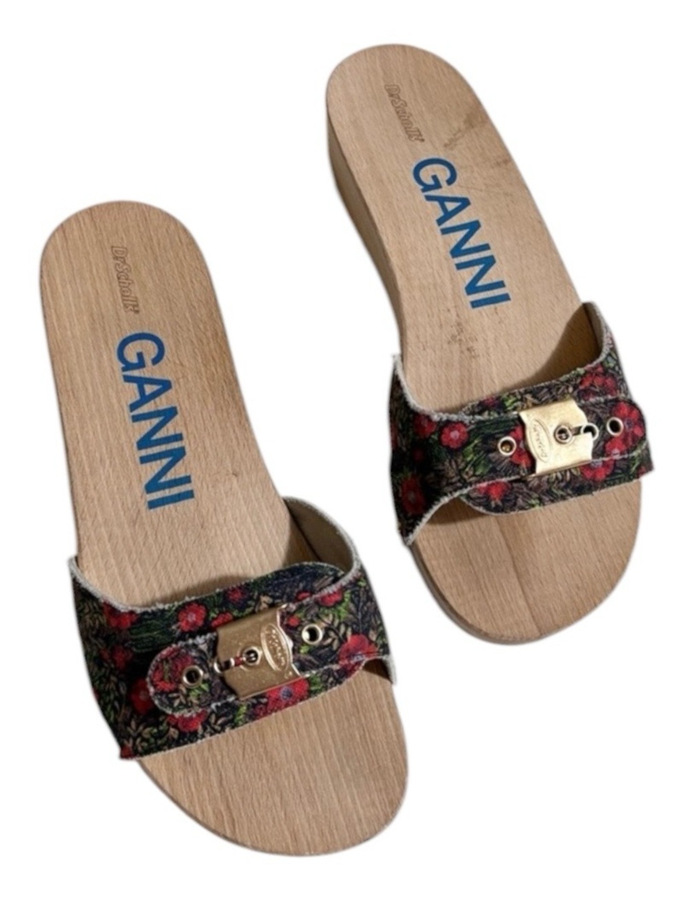 🌻NEW GANNI x Dr. Scholl’s Red Floral Buckle Wooden Clog Slide Sandals Size 10